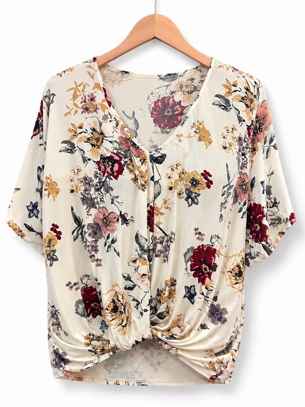 Daytrip Floral Twist Front Boho Blouse Cream V Neck Top Y2K Women’s Size S